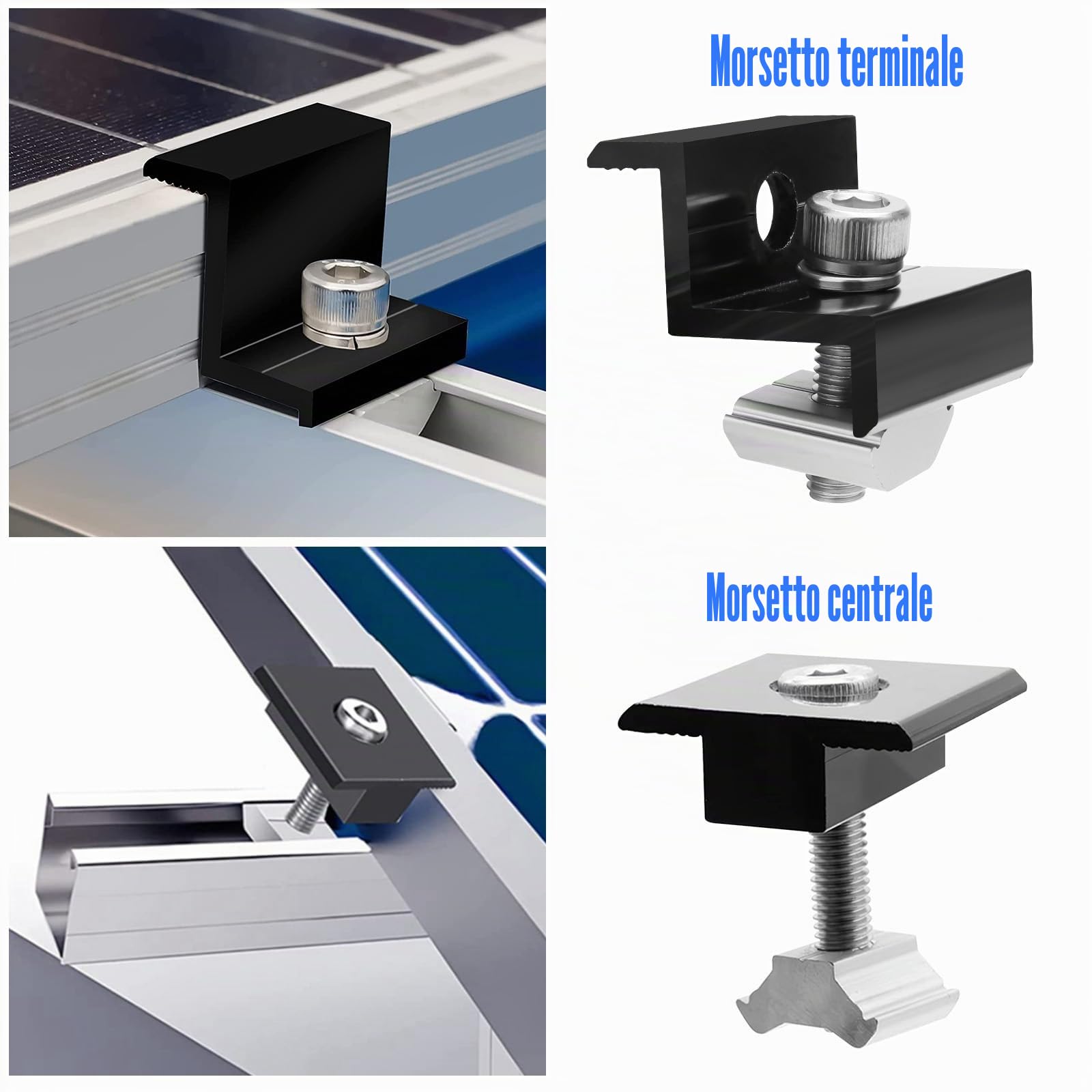 Kit di Montaggio per Pannelli Solari, Morsetto Centrale in Alluminio per Modulo Solare, Morsetto Centrale per Pannello Solare, Staffa di Montaggio per Pannelli Solari Altezza Modulo 30-35 mm