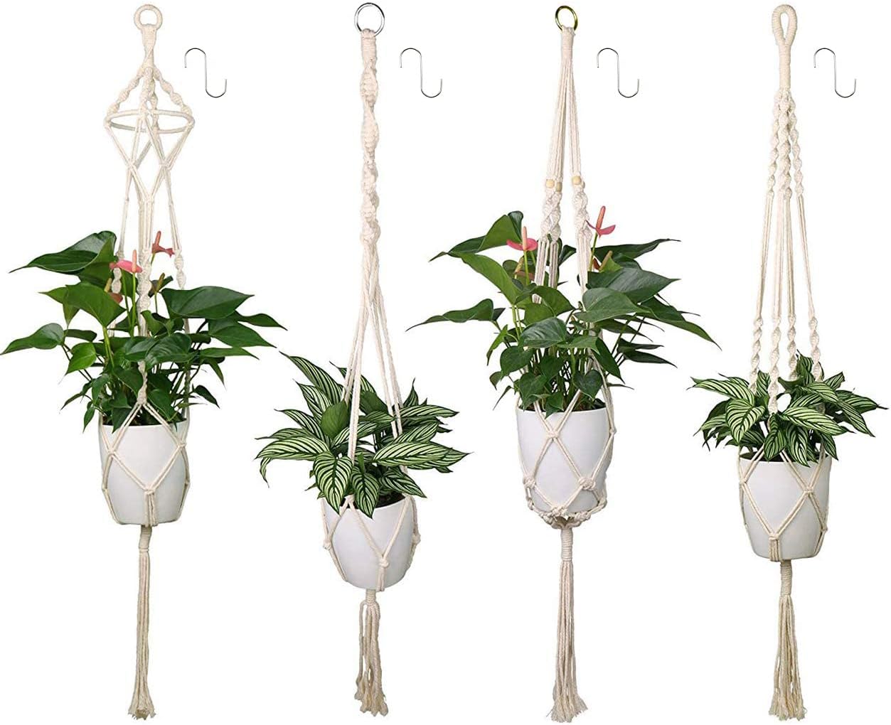 Luxbon 4 Pack Macrame Plant Hangers Indoor White Cotton Rope Flower Pot Hanging Planter Basket Holder for Ceiling Outdoor Garden Home Decor (4 Legs, 41inch/104cm)