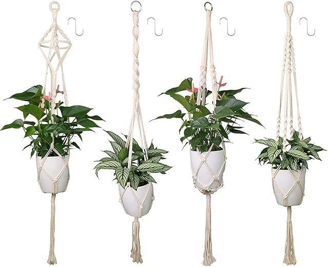 Luxbon 4 Pack Macrame Plant Hangers Indoor White Cotton Rope Flower Pot Hanging Planter Basket Holder for Patio Deck Ceiling Outdoor Garden Home Decor (4 Legs 41inch/104cm)