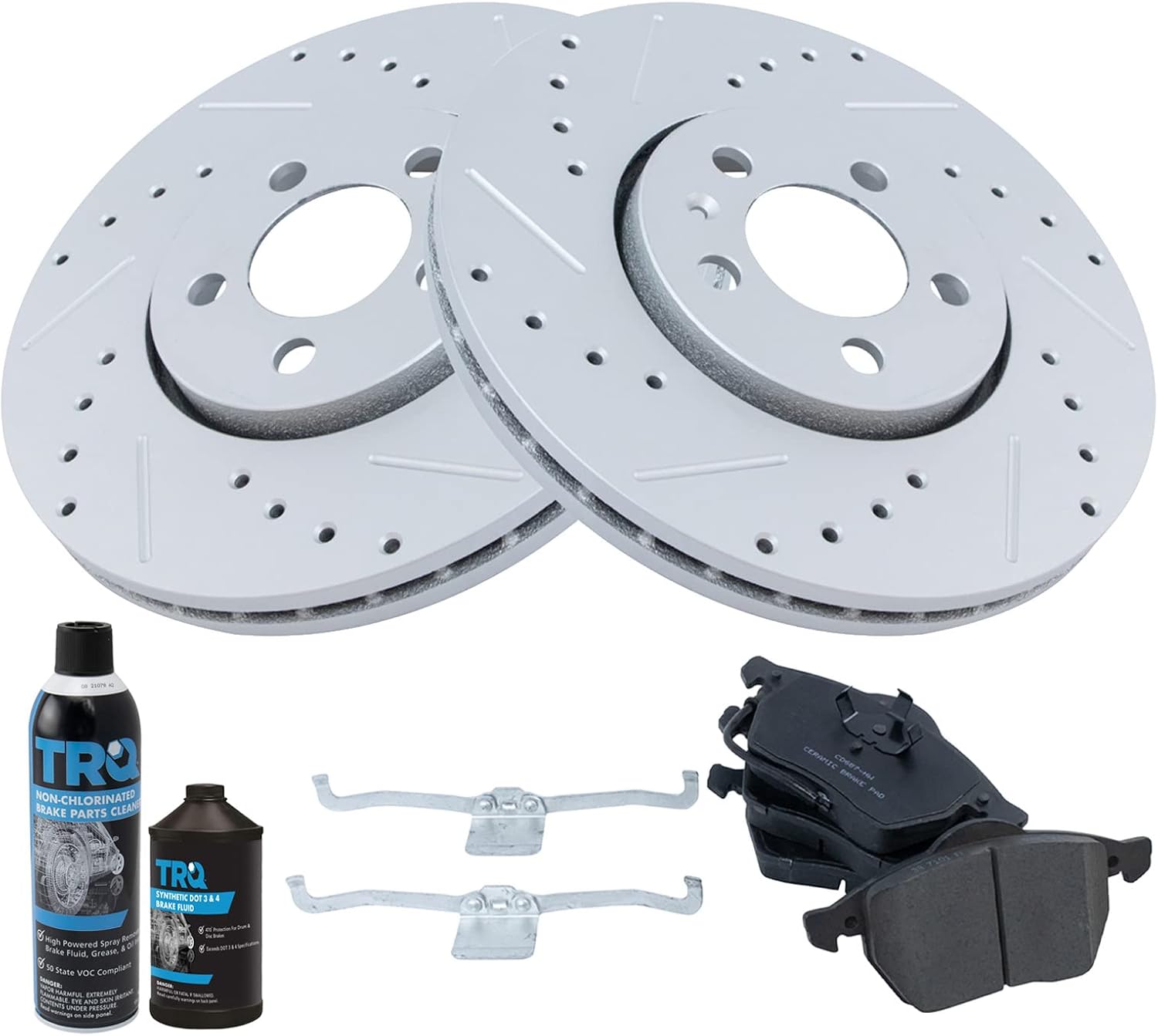 TRQ Front Performance Brake Pad & Rotor Kit Brake Chemical Kit Brake Pads Brake Rotors Set Ceramic Premium G-Coated Compatible with 1999-2010 Volkswagen Beetle 2000-2006 Golf 2000-2005 Jetta