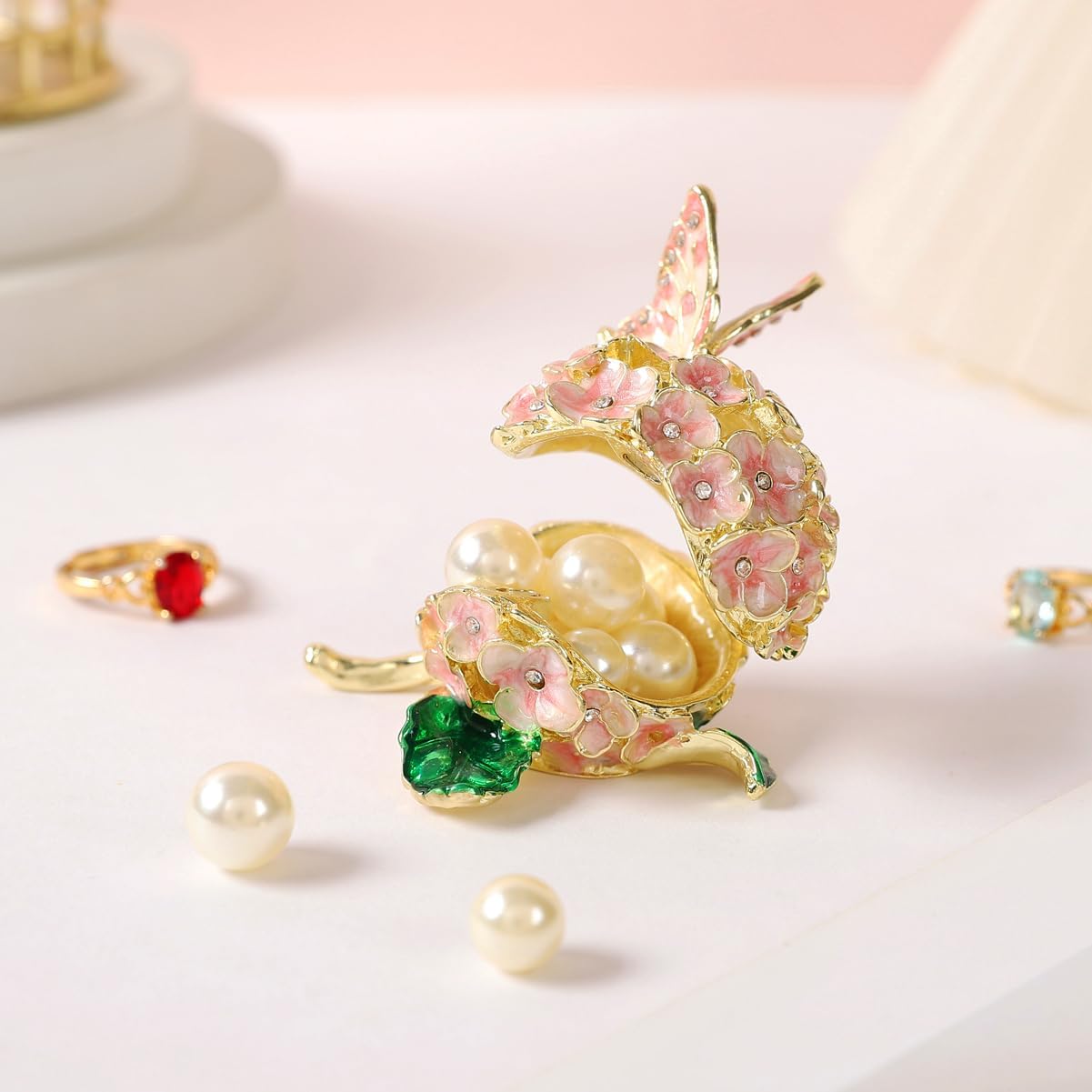 Hydrangeas Trinket Boxes with Butterfly Hand-Painted Ring Hold Boxes Enamel Ornaments Craft Gift for Women - Image 5