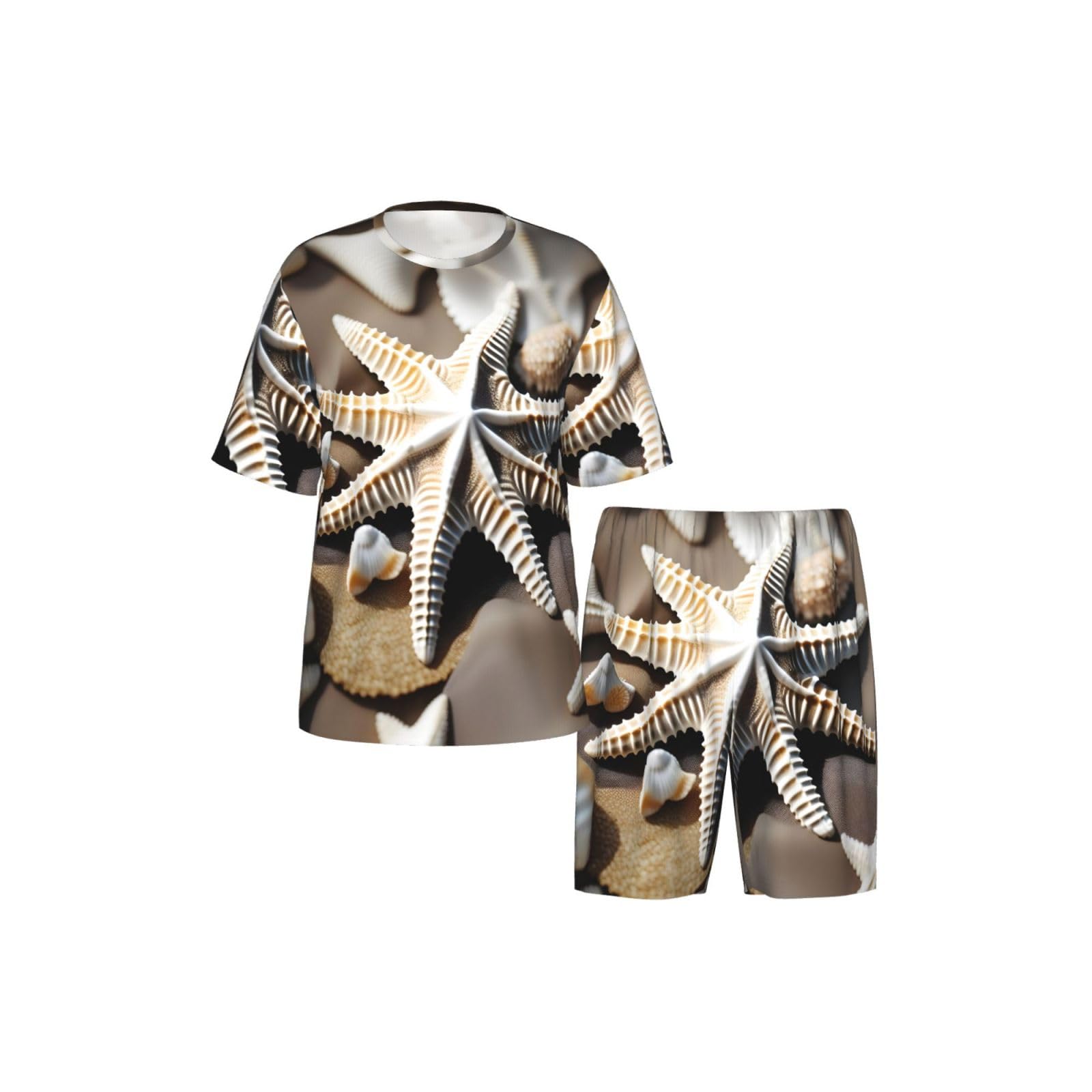 Conjunto de pijama clásico con estampado de estrella de mar de conchas de mar para hombre, pantalones cortos de pijama suaves para hombre, perfecto para noches de verano