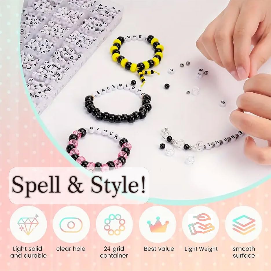 Image of INDIKONB Alphabet Round Single Letter Beads Set ? 26 Types A-Z, Perfect for Friendship Bracelet, Name Beads, Craft Beads, Jewelry Making & DIY Projects (with Box), White