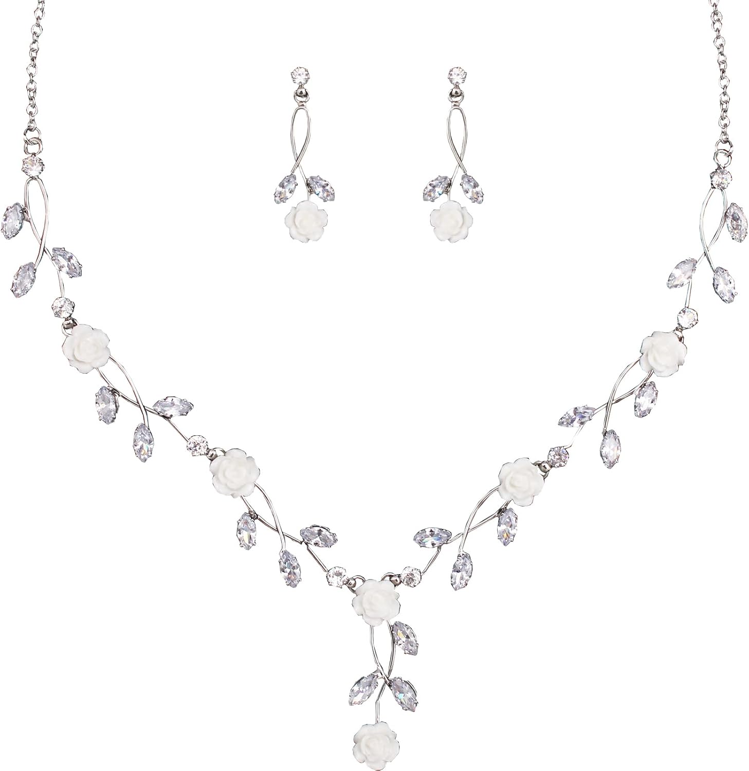 Luxury Cubic Zirconia White Flower Necklace Dangle Earrings Bracelet Prom Bride Wedding Jewelry Sets for Women