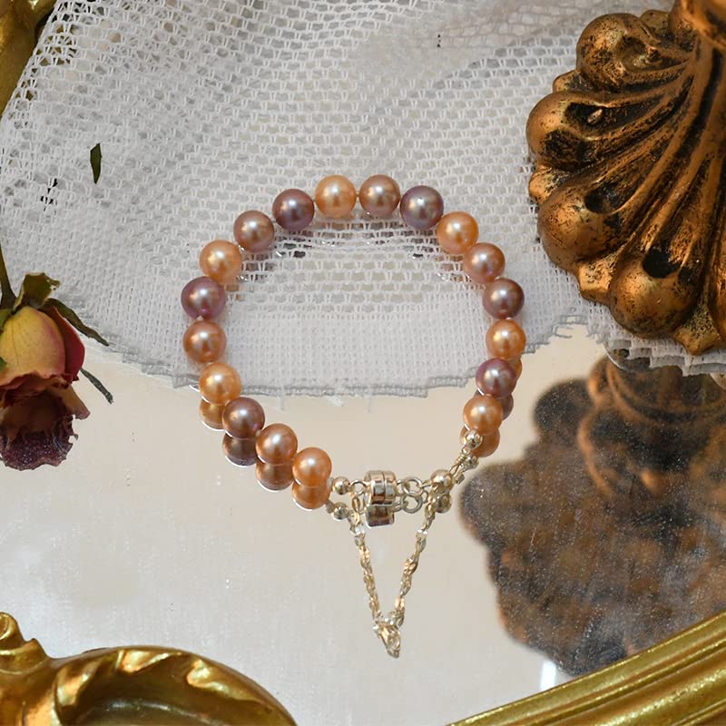 LNNSHX Pulsera para Mujer de Perlas Naturales de Agua Dulce de 7-8 mm, Regalo de joyería de Boda de Plata de Ley 925 (púrpura 16 cm)