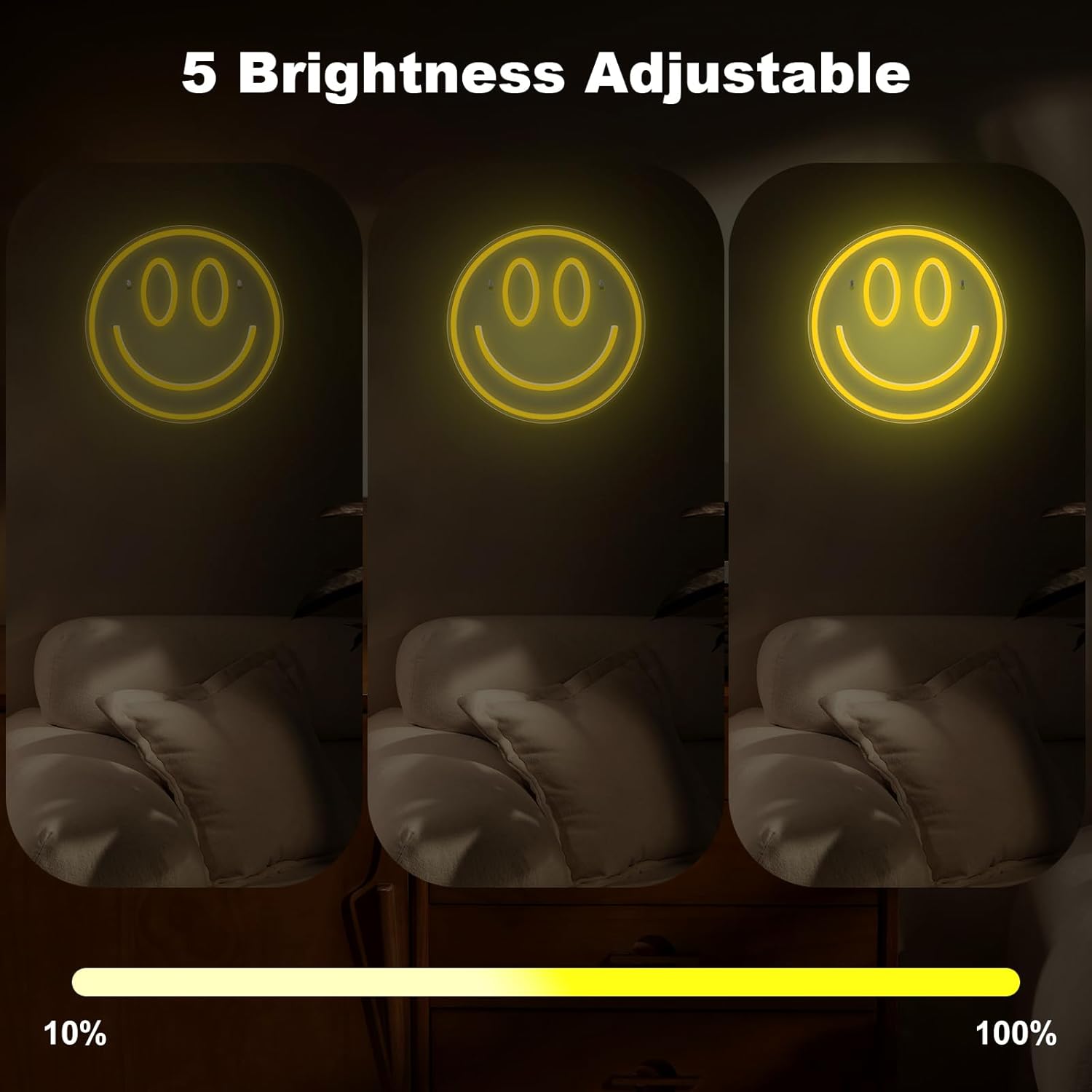 Smile Neon Sign 13'' x 13'' LED Neon Light Wall Decor, Dimmable 5 Brightness Levels, Decorative Night Light for Bachelorette, Engagement, Birthday, Wedding Party (smile face-dimmable)