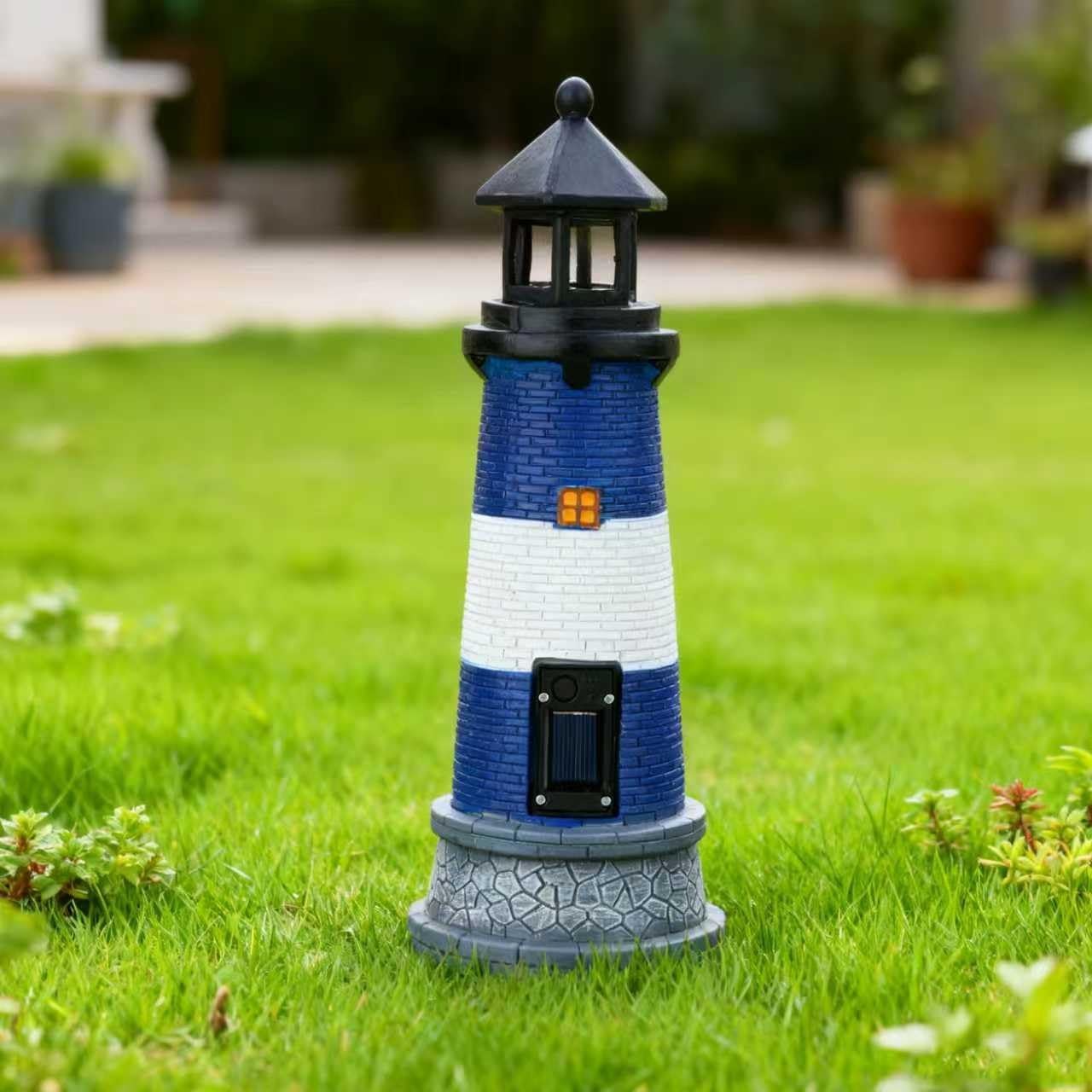 Solar Garden Lighthouse Statue, 13 Inch Decorative LED Light with Auto On/Off Sensor, Hand-Painted Red and Blue Resin, Outdoor Yard Decor (Blue)