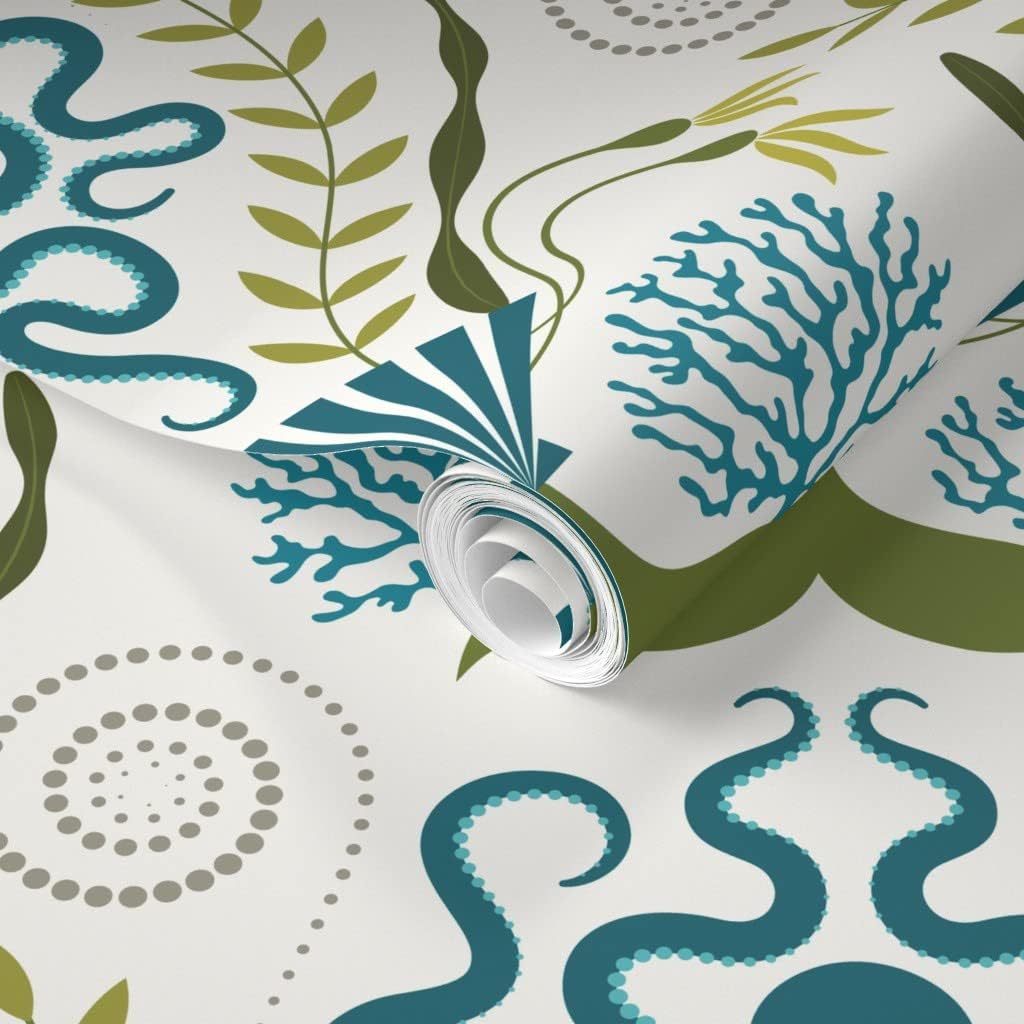 Removable Wallpaper 12ft x 2ft - Nautical Damask White Octopus Shells Custom Pre-Pasted Wallpaper by Spoonflower