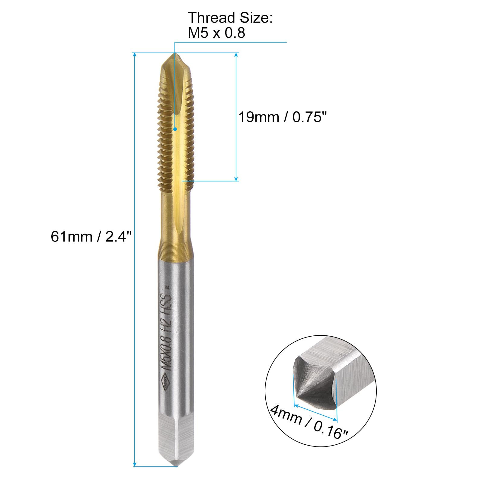 QUARKZMAN 4Pcs Machos de Roscar de Punta Espiral M5 x 0.8 Rosca Métrica Macho de Roscar de Acero de Alta Velocidad Recubierto de Titanio 6542 Herramienta de Reparación de Roscas
