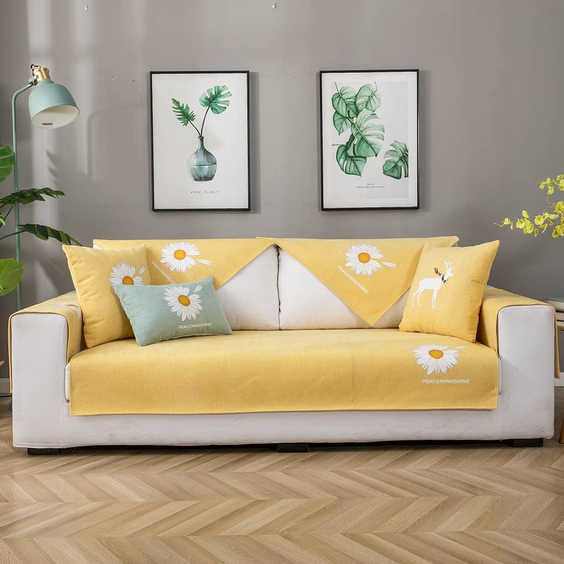vctops Daisy Printed Sofa Slipcovers Elegant Floral Sofa Covers Soft Chenille Sectional Couch Covers Non Slip Sofa Slipcover Furniture Protector for All Season (Yellow, 28"x28") : Home & Kitchen