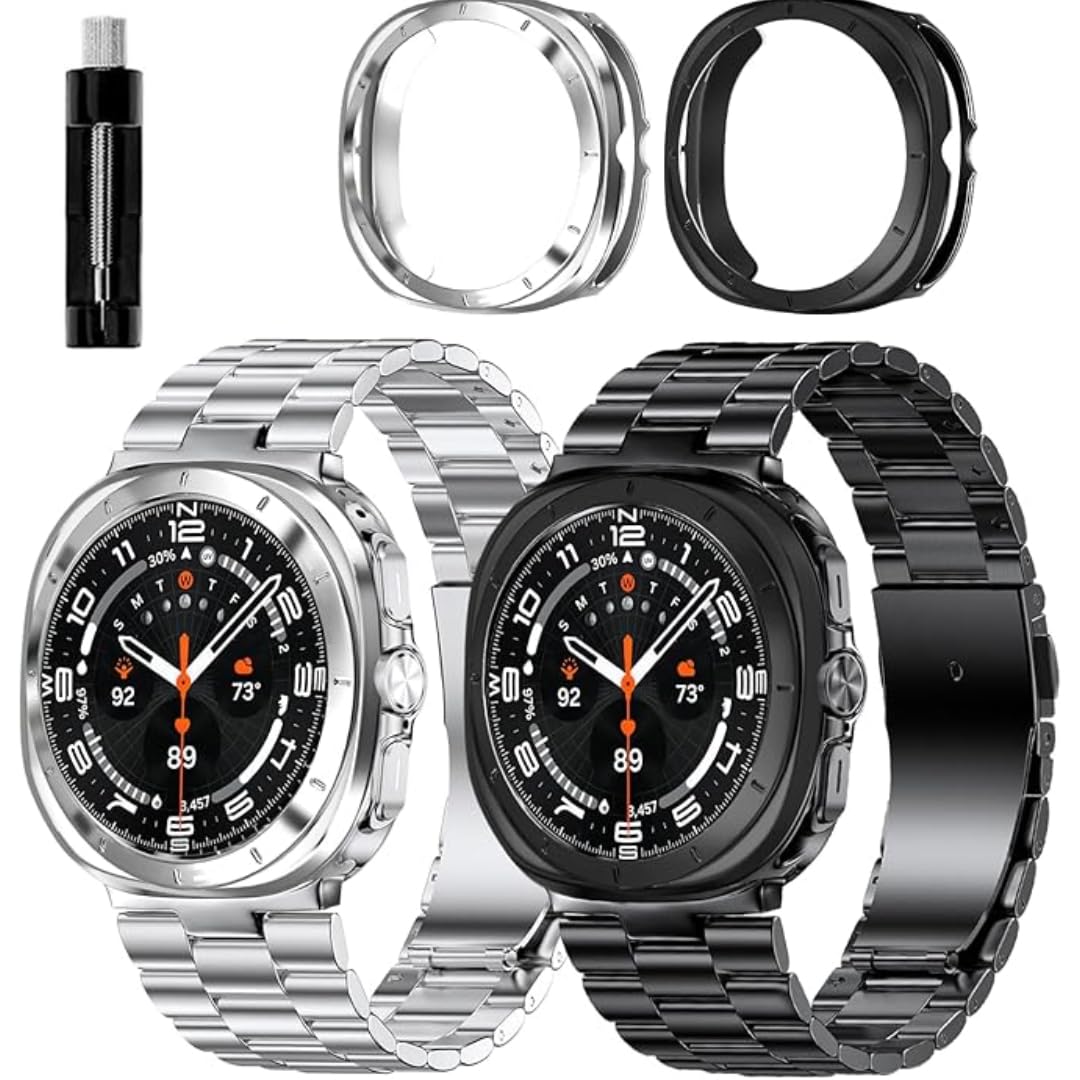 Meyaar Solid Stainless Steel Band Compatible Samsung Galaxy Watch Ultra 47mm(2024) with PC Bumper Case, Replacement Link Business Executive Strap (Black & Silver With 2 Case) (B0DH2BHR2K) Amazon Price History, Amazon Price Tracker