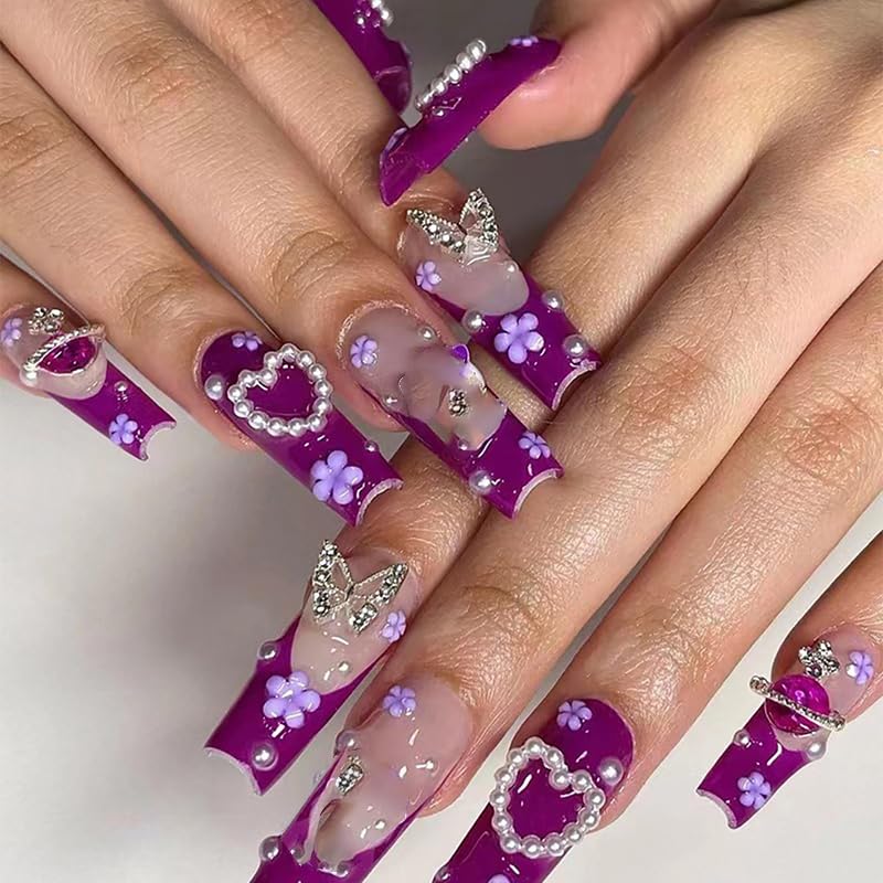 Purple Nails Press on Nails Long Coffin Nails Butterfly Nail Charms Design Purple Fake Nails With Glue Full Cover False Nails Stick on Nails for Women Girls DIY Manicure Tips Cute Nails Decoration