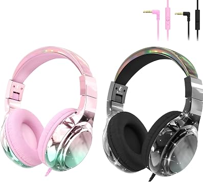QearFun Gradient Pink+Gradient Black Kids Headphones Wired with 85/94dB Volume Limit, Foldable On-Ear Headset with Microphone & Audio Sharing Port for School, Travel, Tablet, iPad - for Boys & Girls