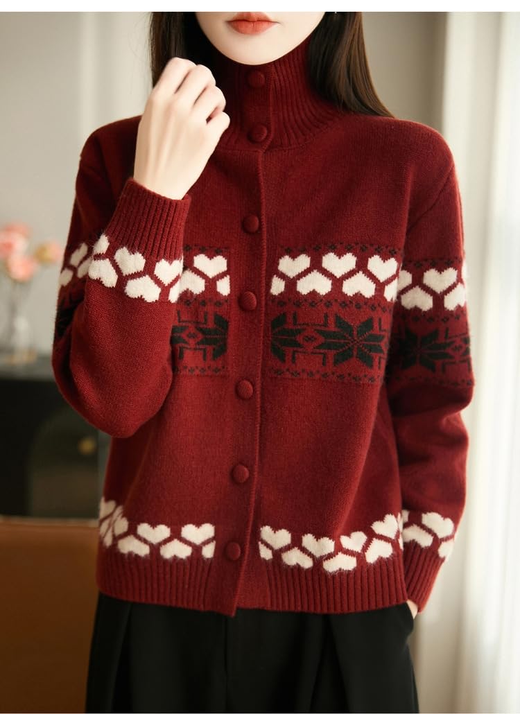 Cárdigan Cuello Alto Jacquard Fair Isle para Mujer, con Estampado Copos Nieve Y Mangas Largas, Suéter Punto Ajustado, Chaqueta Vintage Cálida para Otoño, Invierno, Uso Diario, Informal