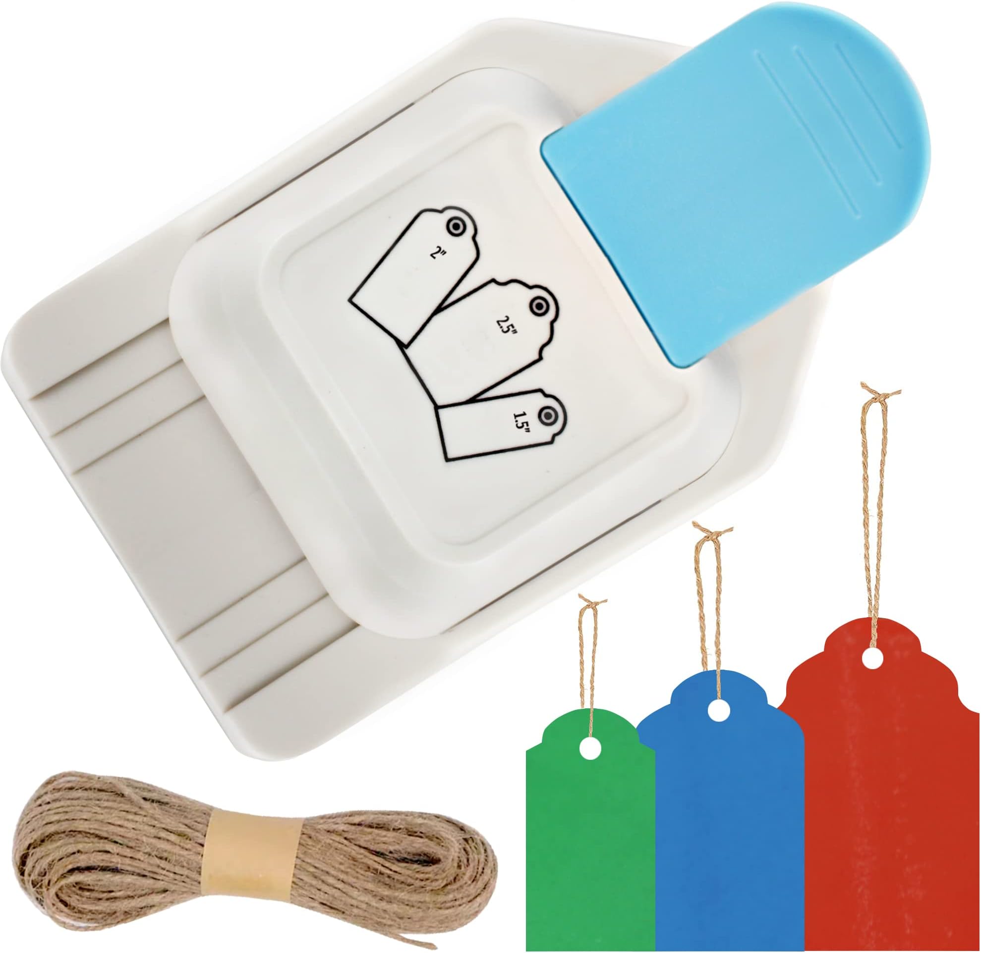 ECOHU Paper Craft Tag Punch 1.5" 2" 2.5" - with 1 roll Hemp Rope 32ft - Tag Shape Lever Action Craft Puncher for Paper Crafting Scrapbooking Cards Arts for DIY Projects