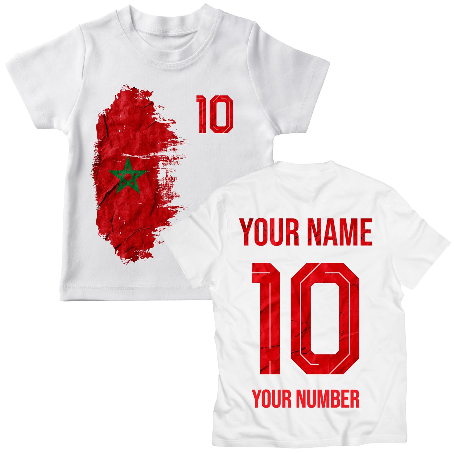 T-Shirt in Cotone Grafico da Tifoso di Calcio per Bambini Marocco 2026 Personalizzato, Nome e Numero Personalizzati, Maglia Supporter a Maniche Corte