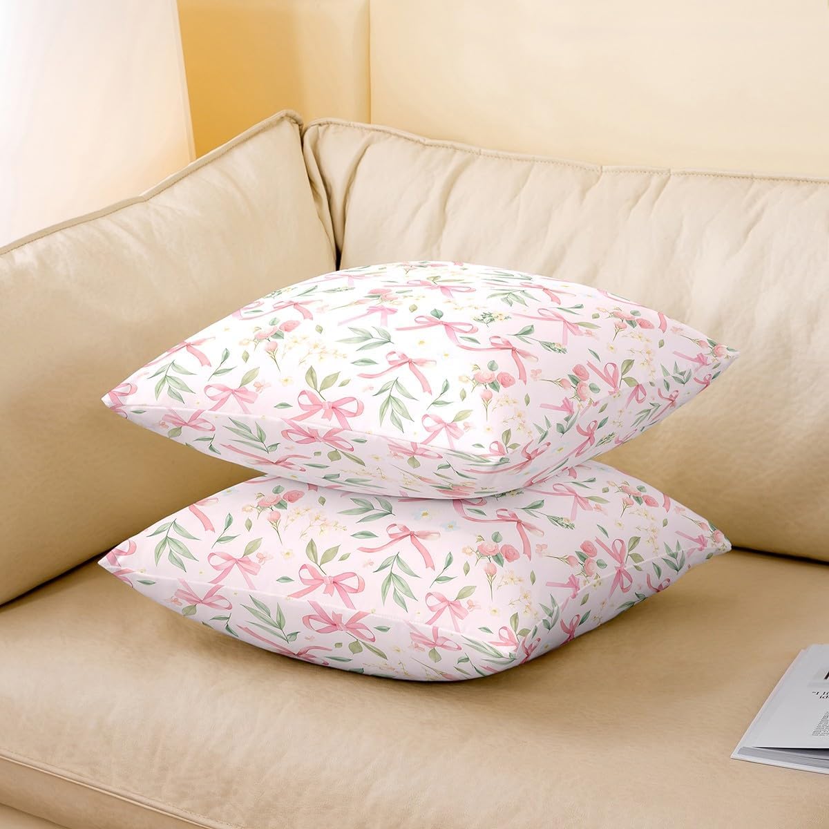 jejeloiu Bow -Inch Pink Girls Bow Throw Pillow Covers Set of 2 image 3