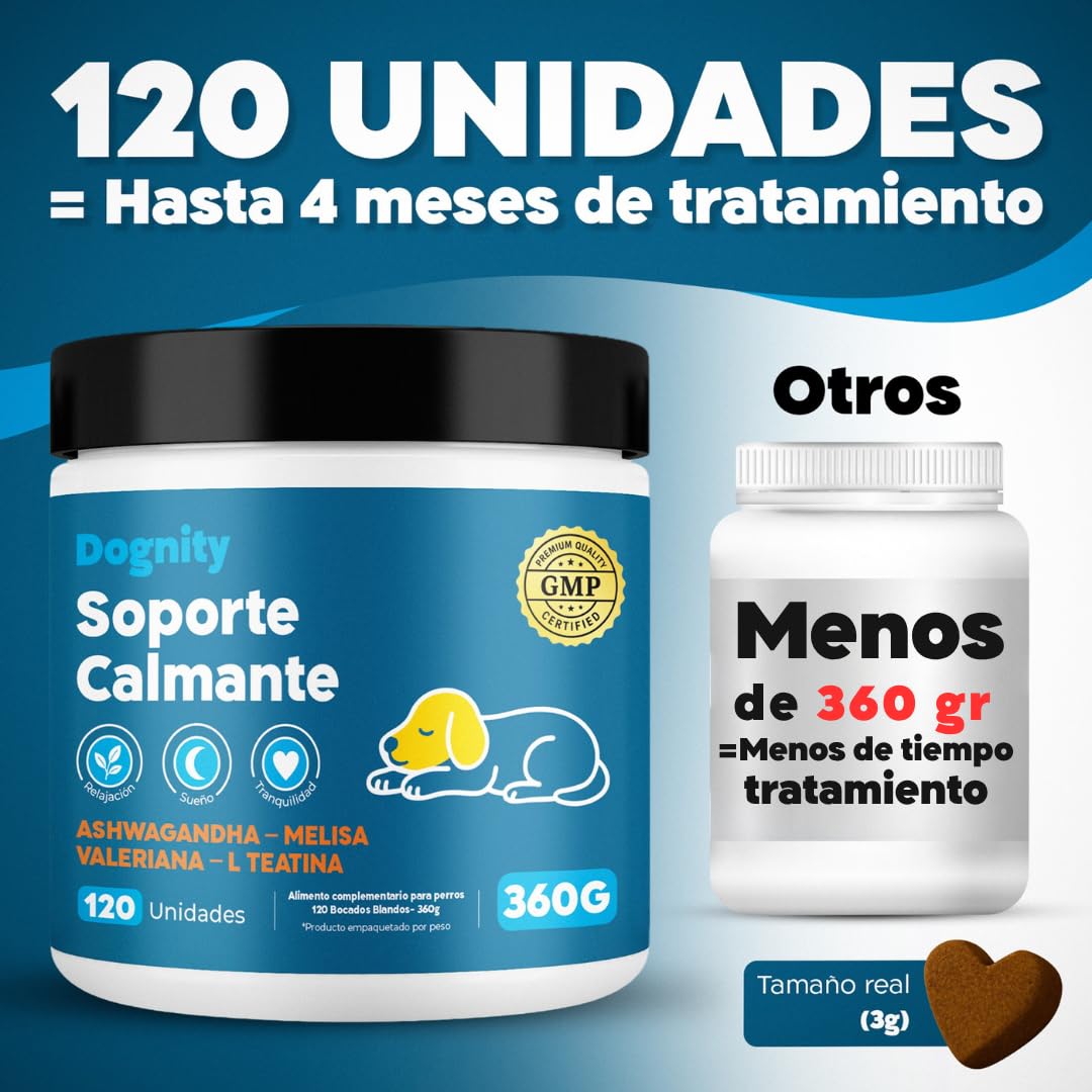 Calmante Perros Bocados Ansiedad Separación Estrés Petardos Triptófano GMP+ | Suplemento Natural con Valeriana Ashwagandha Magnesio Melisa L-Triptófano 5 Activos Naturales para Calma Emocional Blandos