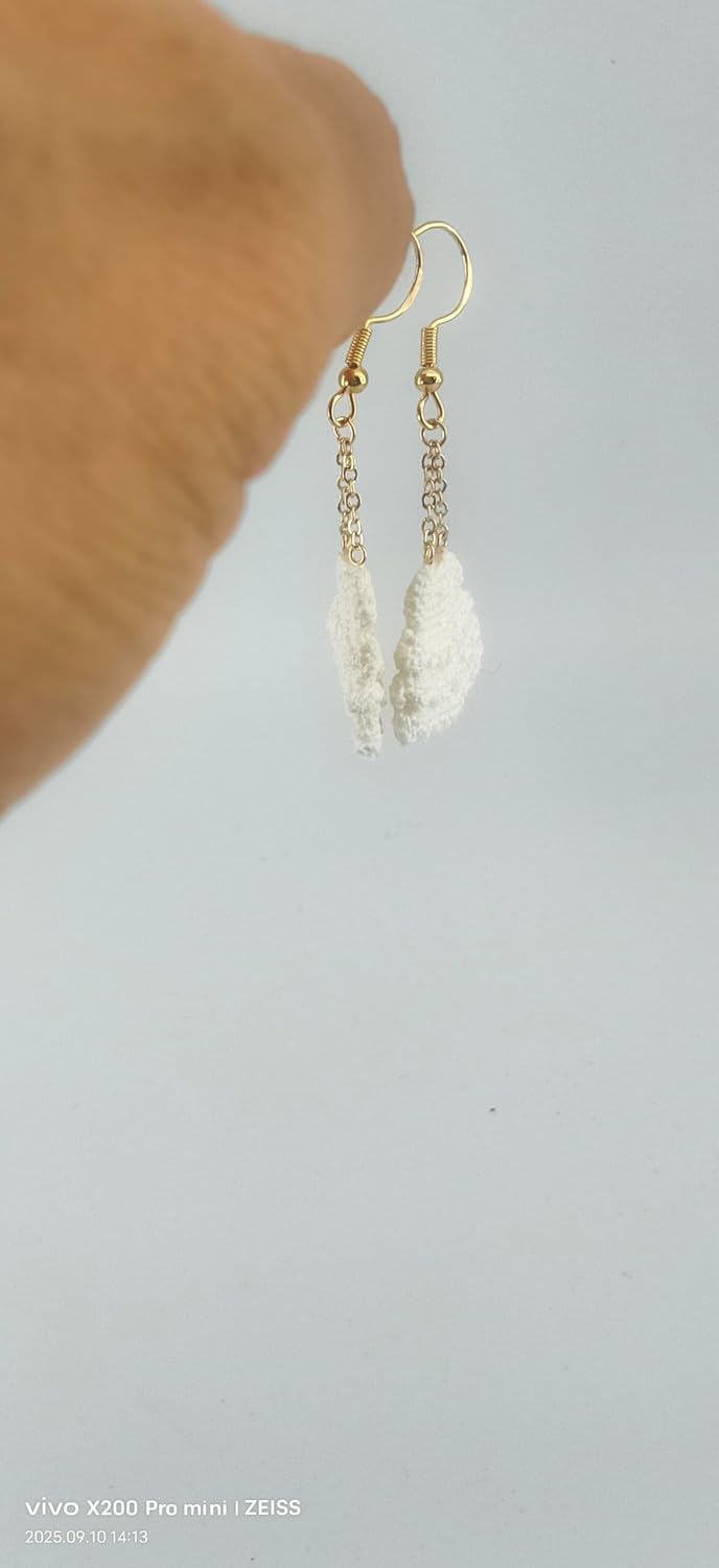 Handcrafted White Crochet Dangle Earrings, Elegant Tiered Design, Gold-Tone Hook, Traditional Style - Image 7