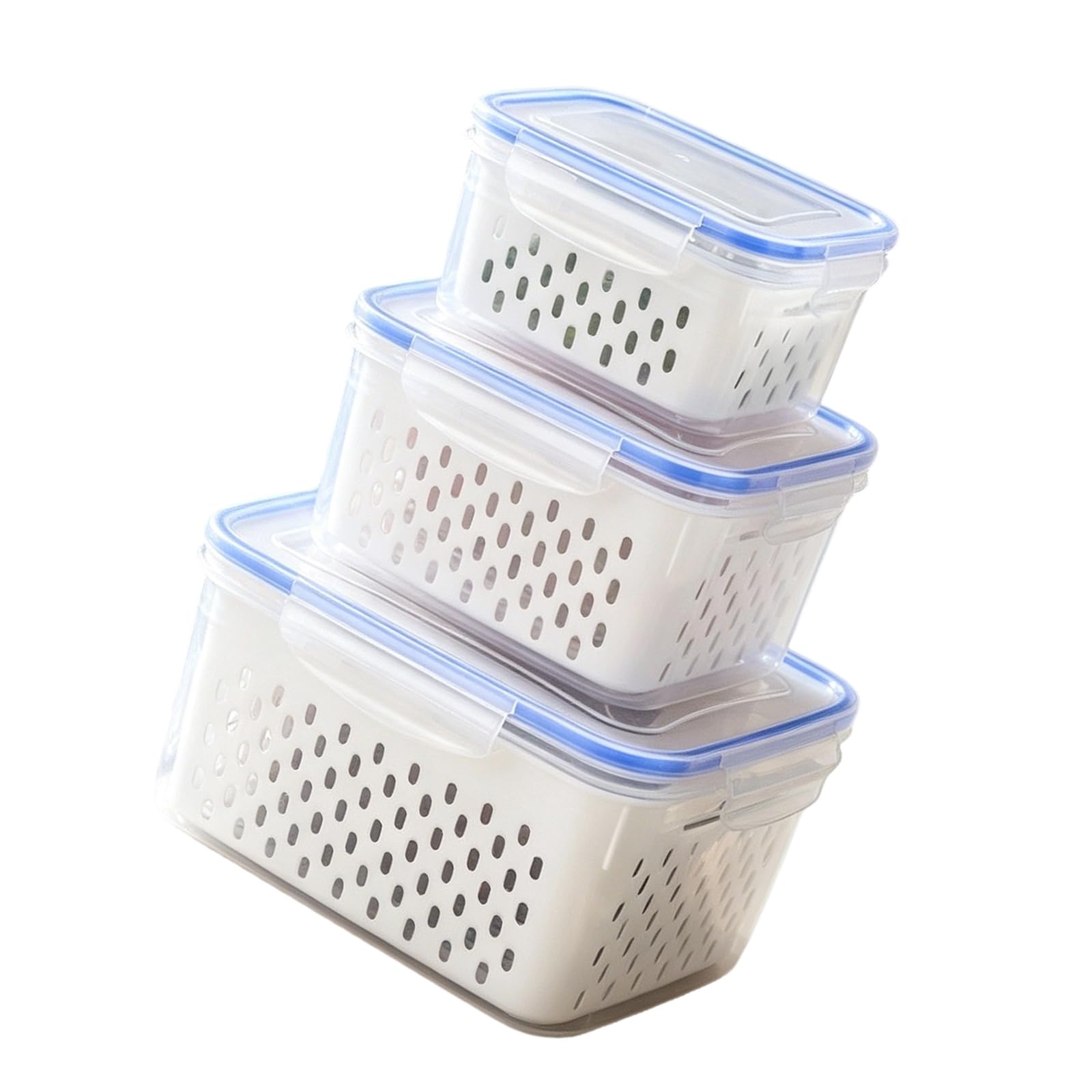 3 Pack Fridge Food Storage Container with Removable Colander Fruit Containers Leakproof Stackable for Keep Berry Fruits Fresh Longer (Blue)