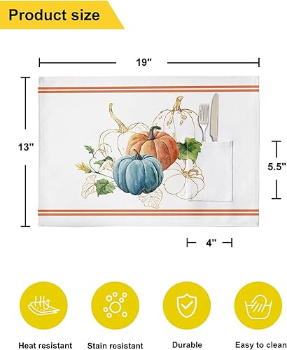 Miniatura 6 de Juego de 6 manteles individuales de mesa de Acción de Gracias para mesa de comedor, manteles individuales de lino de algodón con bolsillo, arpillera