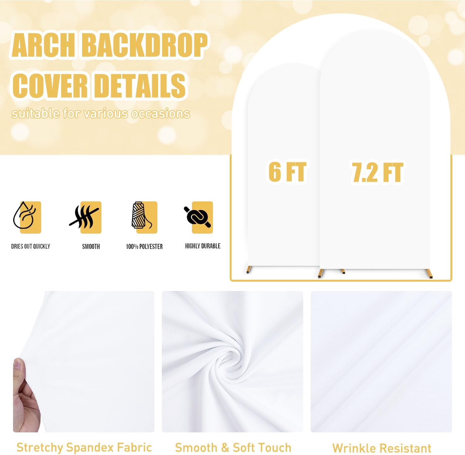 Metal Arch Stand Spandex Arch Backdrop Cover Set of 2 (6FT, 7.2FT) Party Backdrop Arch White Wedding Arch Backdrop Stand with Cover Gold Arch Frame Stand for Arch Cover Wedding Ceremony Decor