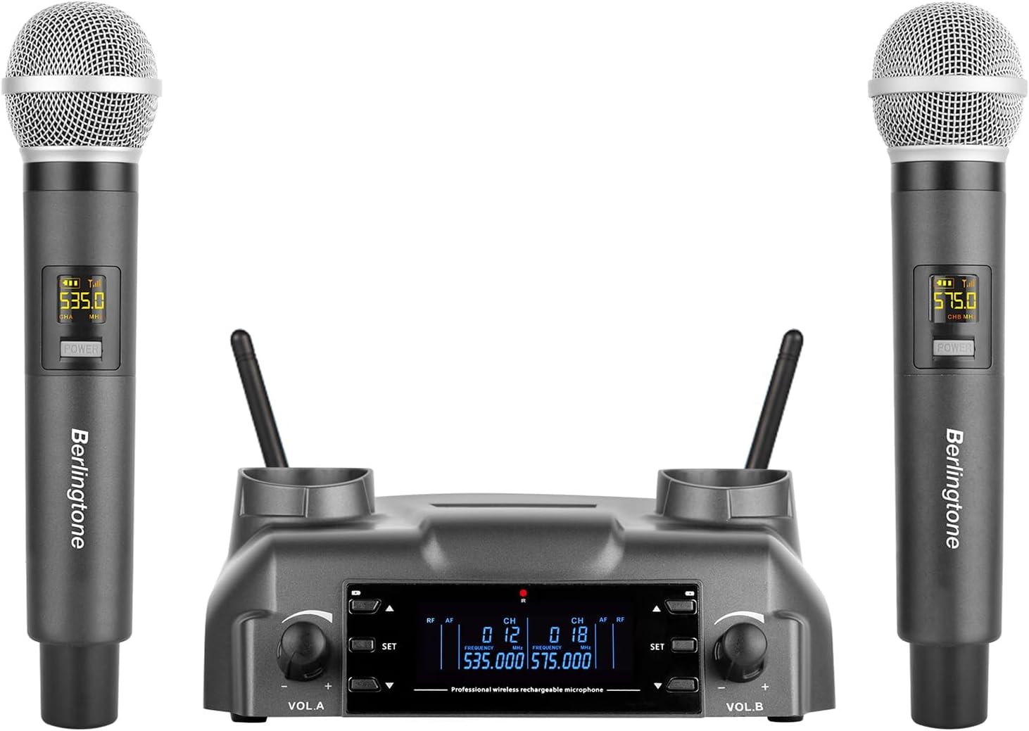 Professional Dual Dynamic Handheld UHF Wireless Microphone System, Magnetic Wireless Charging, 2x100 Adjustable Frequency Channels for Karaoke, Meeting, Church, up 200ft Range (BR-60UM)