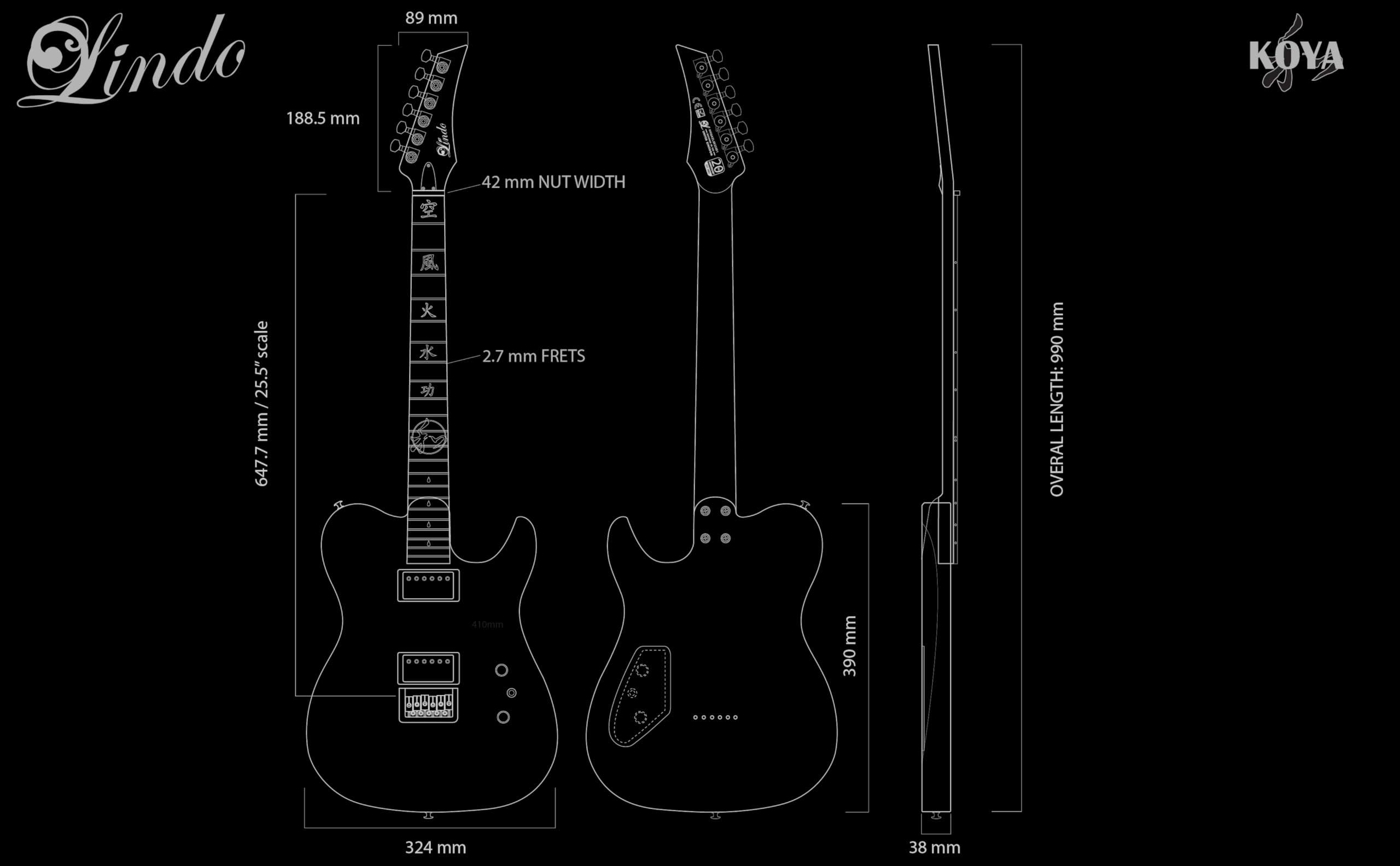 Lindo Chitarra elettrica Koya per mancini, manico composito, intarsi luminosi, finitura artistica grafica giapponese Wilderness