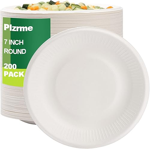 Paquete de 200 platos biodegradables desechables ecológicos – Platos de papel 100% compostables resistentes para fiestas, picnic (7 pulgadas)
