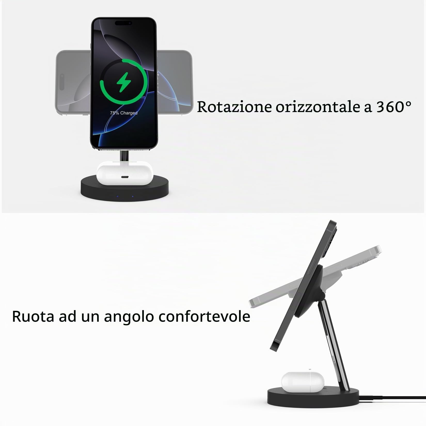 Boaraino Caricabatterie Magnetico Wireless 2 in 1, Stazione di Ricarica Compatibile con iPhoneiPhone 17/17 Pro/17 Pro Max /16/15/14/13/12, AirPods 2/3/4/Pro