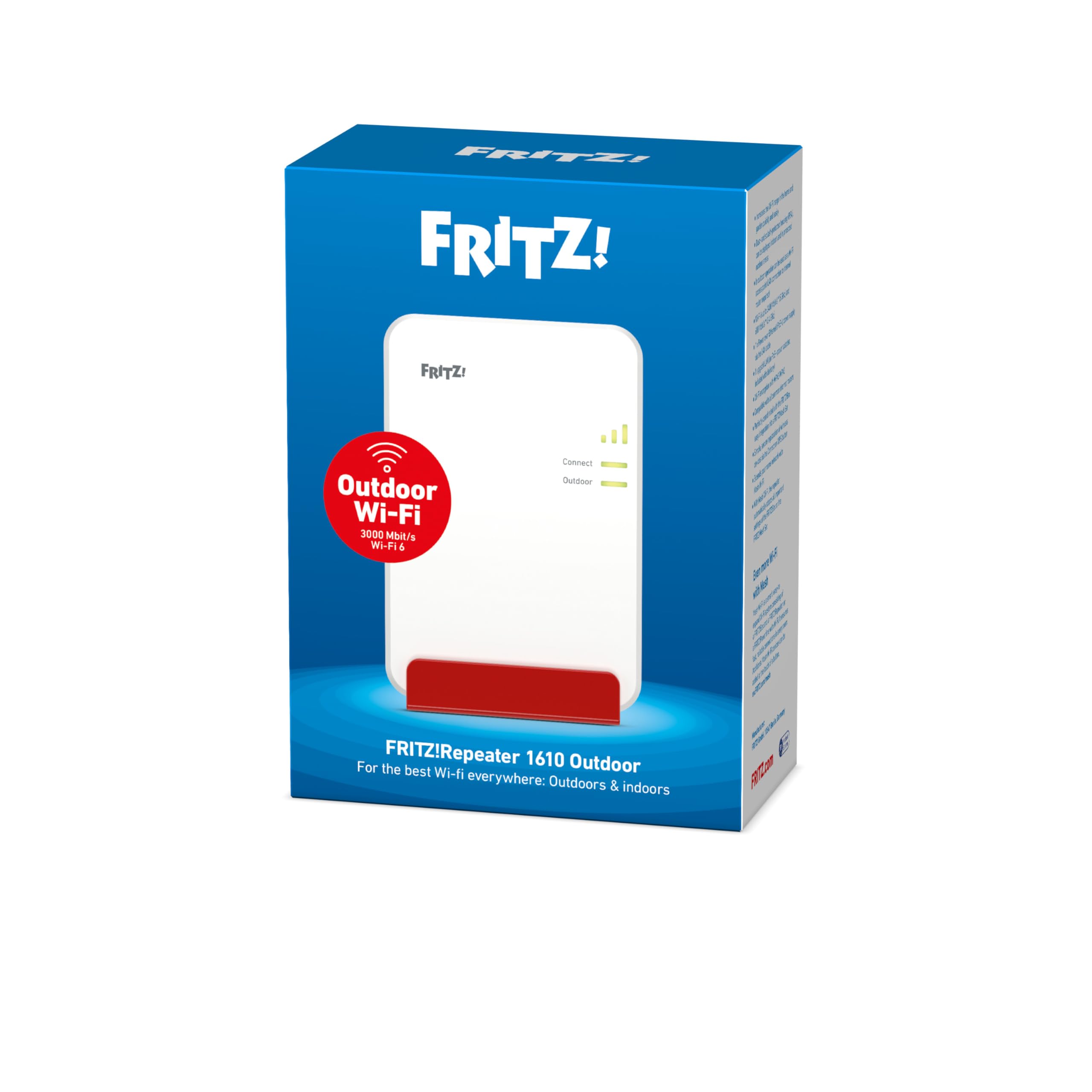FRITZ!Repeater 1610 Outdoor | amplía el Alcance Wi-Fi en Exteriores e Interiores | Wi-Fi 6 hasta 3000 Mbps | Resistente al Polvo y Las Salpicaduras | Power Over Ethernet | Fabricado en Europa