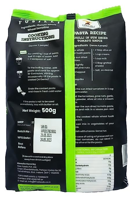 Finosta Fusilli Whole Wheat Pasta, Easy to Cook | Tasty and Healthy | No Maida | Source of Fibre | Cholesterol Free | Vegetarian, 500 gm 1