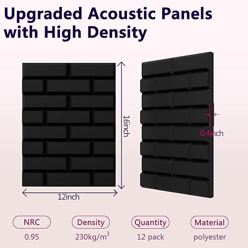 Miniatura 2 de Paquete de 12 paneles acústicos, paneles de pared insonorizados de 16 x 12 x 0.4 pulgadas, paneles autoadhesivos a prueba de sonido para paredes,