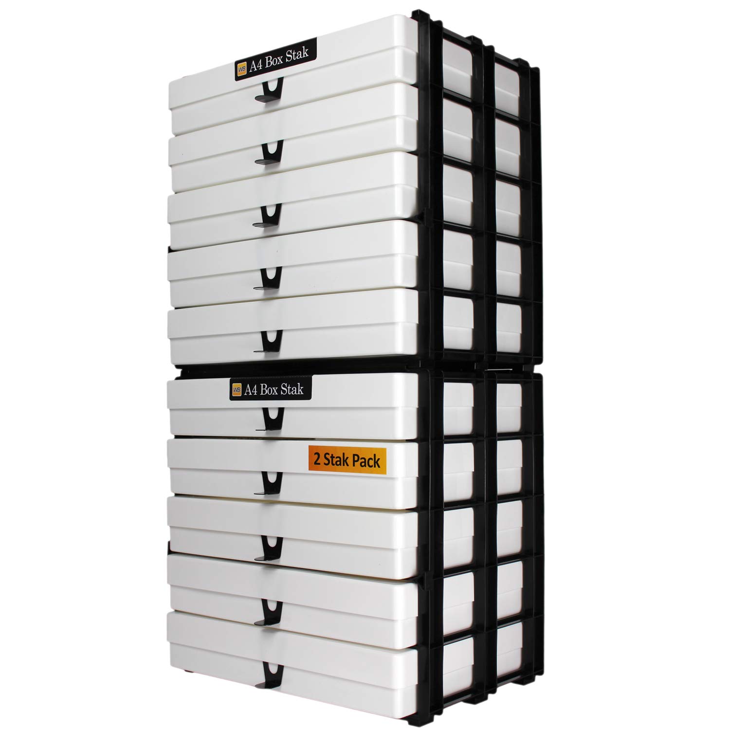 WestonBoxes A4 Box Stak, Stackable Craft Storage Box Unit Including Plastic A4 Storage Boxes with Lids (White, Pack of 2)