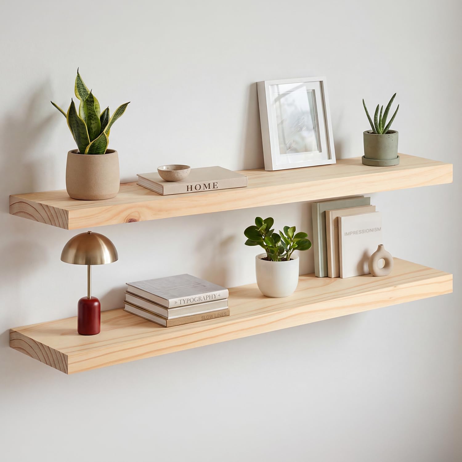 Photo 1 of **minor damage (cut)*** Homeforia 36 inch Natural Floating Shelf, High End Solid Real Wood 36inch Small Floating Shelves for Wall Mounted, Natural Wooden Floating Shelves, Heavy Duty Bracket, 36 X 6.5 X 1.75 in, Set of 2