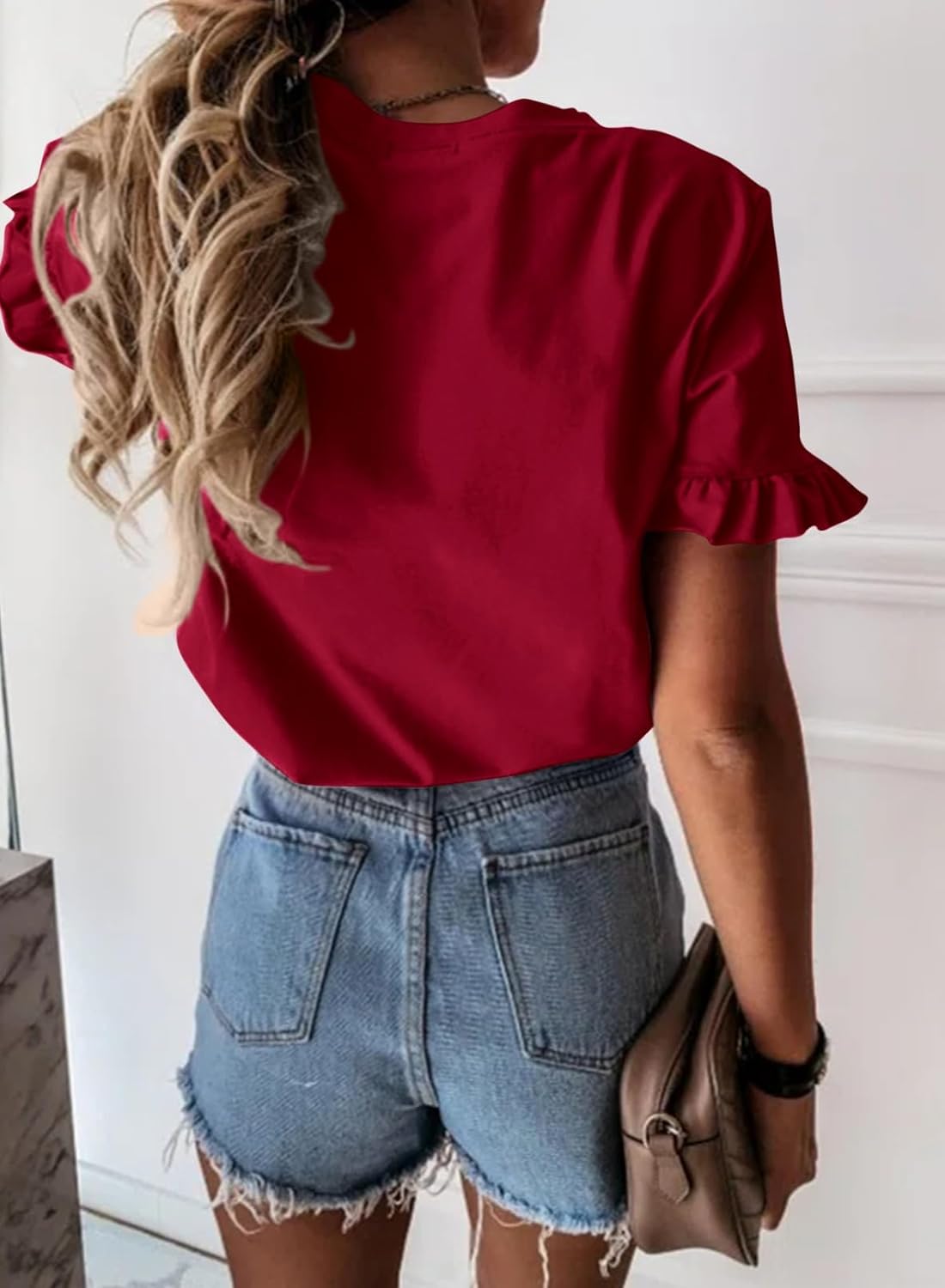 PRETTYGARDEN Women's Short Sleeve Casual T Shirts Summer Ruffle Plain Round Neck Loose Fit Tee Blouse Tops - Image 2