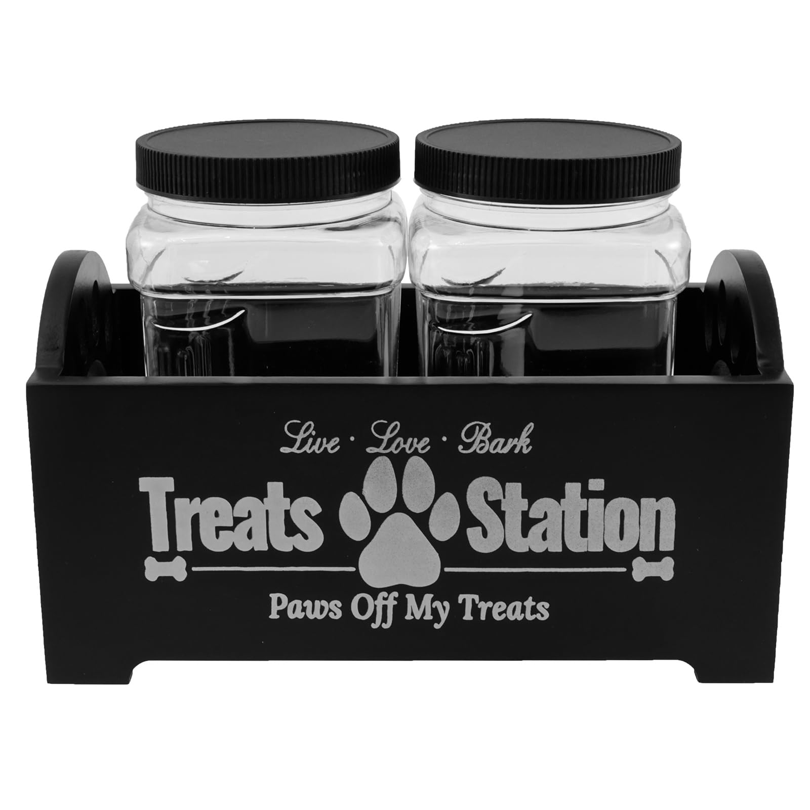 Foppla Dog Treat Container,Wooden Dog Biscuit Organiser with 2 Plastic Jars,Pet Treat Station for Dog and Cat,Storage Canister for Pet Owners and Lovers (Black)