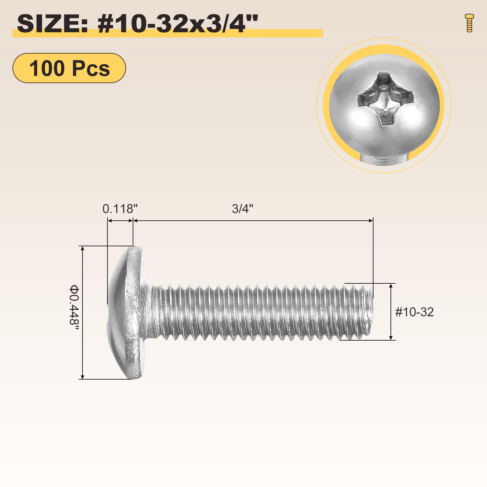 METALLIXITY Machine Screws Phillips Head(#10-32x3/4") 100Pcs, 304 Stainless Steel Round Head Phillips Drive Furniture Bolts - Image 2