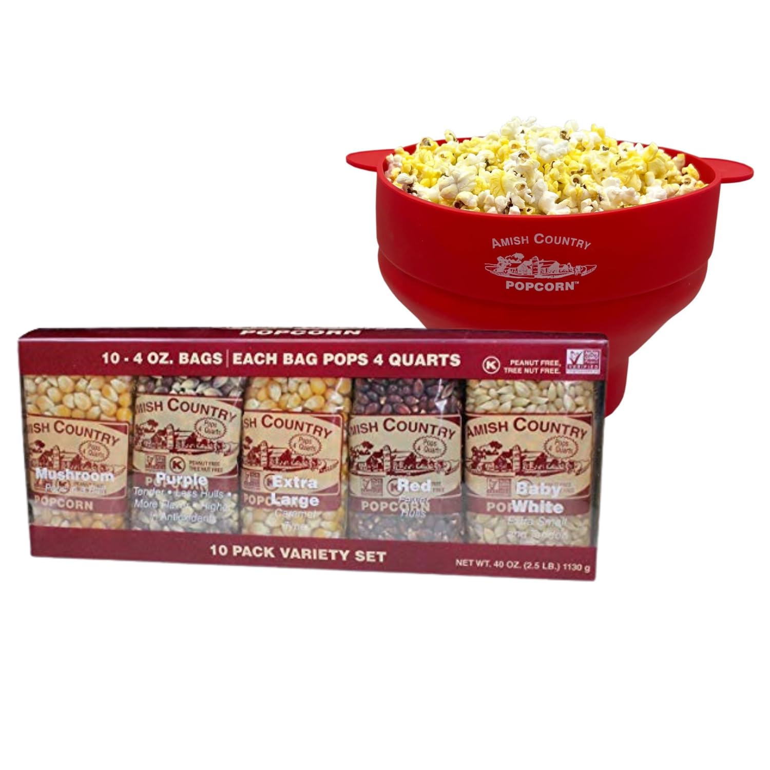 4 Ounce Variety Kernel Gift Set (10 Pack Assorted) and Red Silicone Popcorn Popper Bundle | Popper is BPA and PVC Free, Handles, Dishwasher Safe