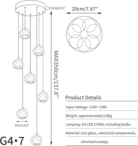 Miniatura 4 de KJLARS Candelabro de cristal moderno colgante LED con forma de gota de lluvia, lámpara de techo con bola de cristal, 7 luces para escalera, sala de