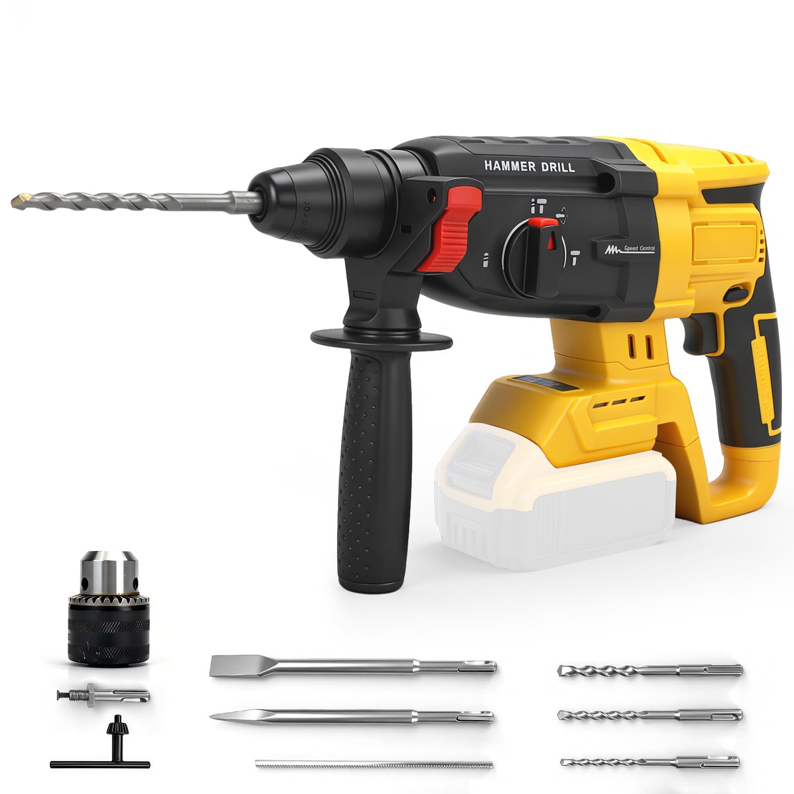 WingFly Martillo perforador inalámbrico para Dewalt 18 V, 20 V | energía de impacto 3,2 J, 3 unidades SDS-plus, perforación hasta 28 mm, motor de martillo perforador sin escobillas, mango