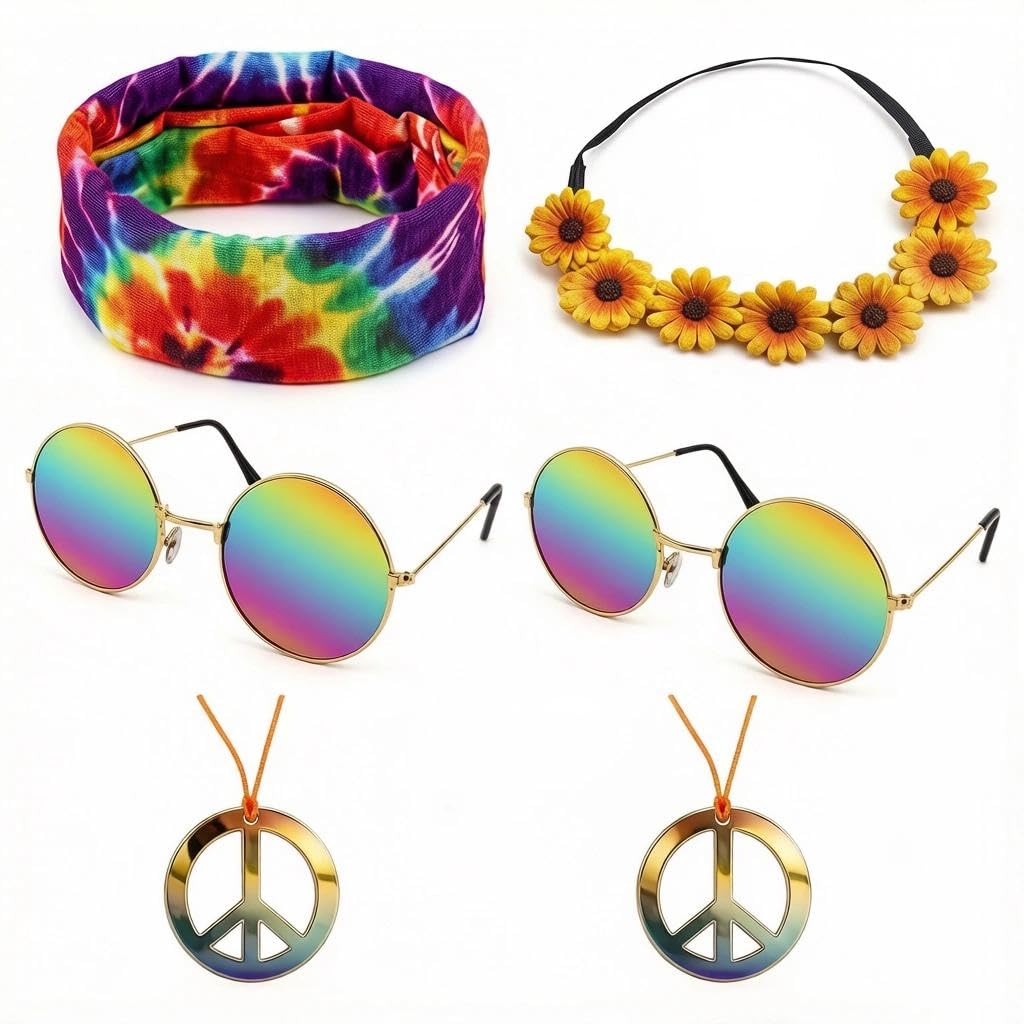 AYZDJ 6-Piece Hippie Costume Set for Adults | 2 Retro Sunglasses + 2 Peace Sign Necklaces + 1 Tie-Dye Headband + 1 Daisy Flower Crown | 60s 70s Themed Party Fancy Dress Role Play Accessories Kit.
