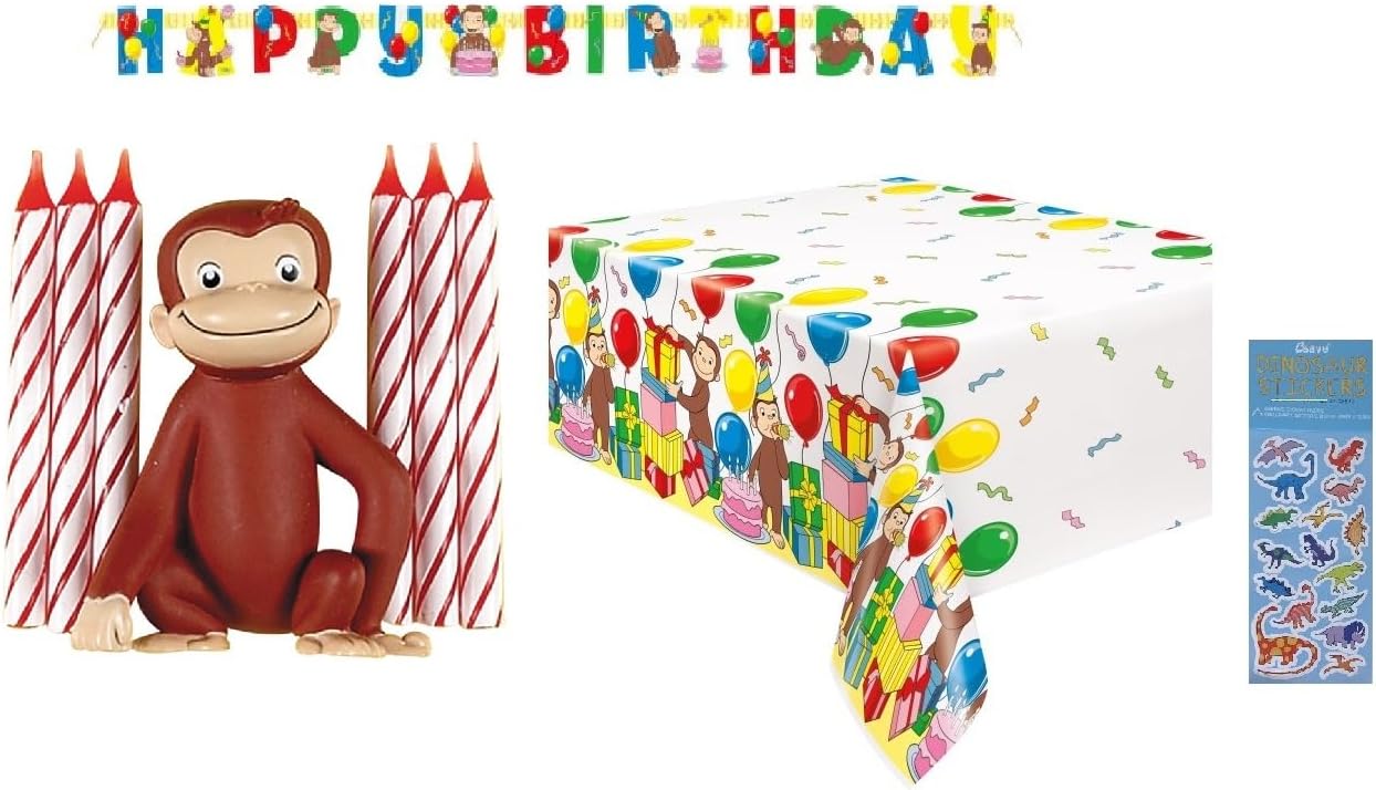 Curious George Birthday Party Supplies Decoration Bundle Includes 1 Happy Birthday Paper Banner, 1 Plastic Table Cover, 1 George Cake Decoration with 6 Candles, 1 Dinosaur Sticker Sheet