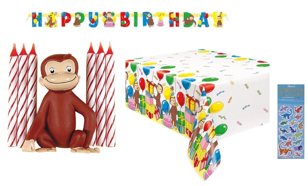 Curious George Birthday Party Supplies Decoration Bundle Includes 1 Happy Birthday Paper Banner, 1 Plastic Table Cover, 1 George Cake Decoration with 6 Candles, 1 Dinosaur Sticker Sheet