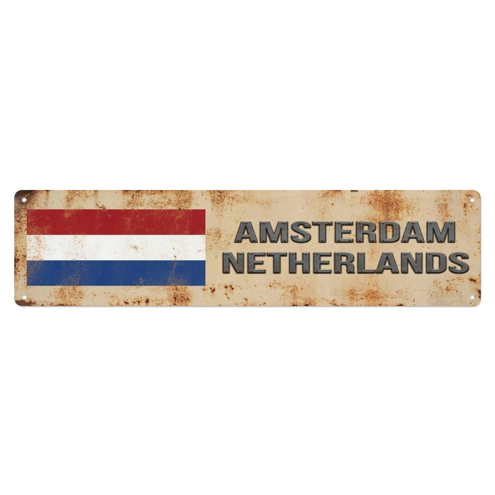 Vintage Amsterdam Netherlands Flag Decor Rustic Travel Metal Tin Sign