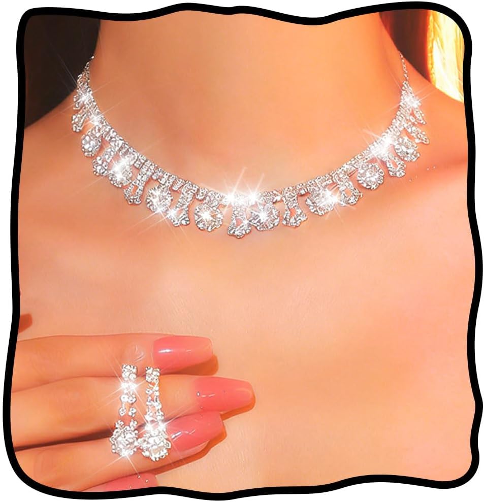 Nicute Rhinestone Necklace Set Sparkly Silver Jewelry Set Wedding Jewelry Sets for Women (Silver)