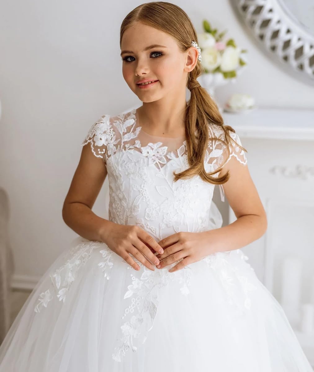 Flower Girls Dresses for Wedding Lace Appliques First Communion Dresses Party Ball Gowns with Bow-Knot 16 White