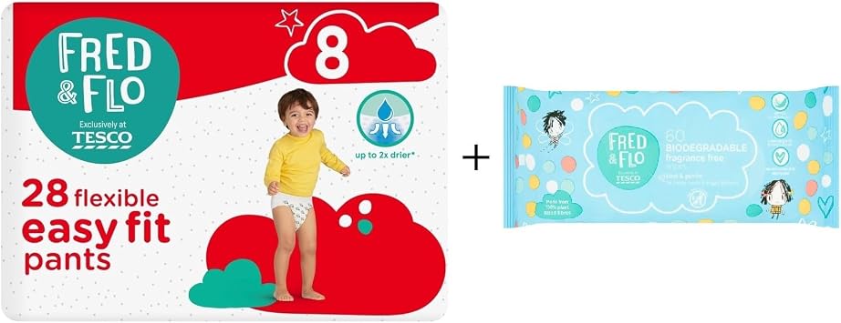 Fred & Flo Size 8 Nappy Pants 28 Pack + 60 Fragrance Free Baby Wipes