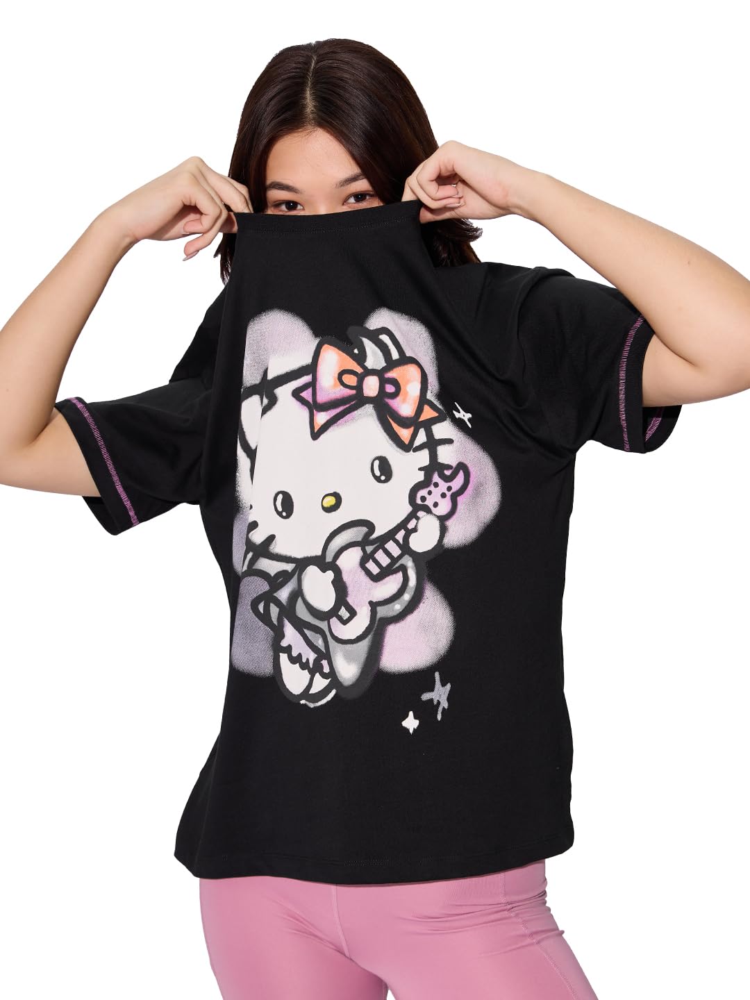 The Souled Store Camisetas oficiales de Hello Kitty Rockstar para mujer y niña, manga corta, cuello redondo, negro, gráfico, de algodón