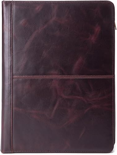 Geslun Cartera de cuero genuino con cremallera, carpeta de 3 anillos de cuero de grano completo, soporte para cuaderno A4, funda para laptop,